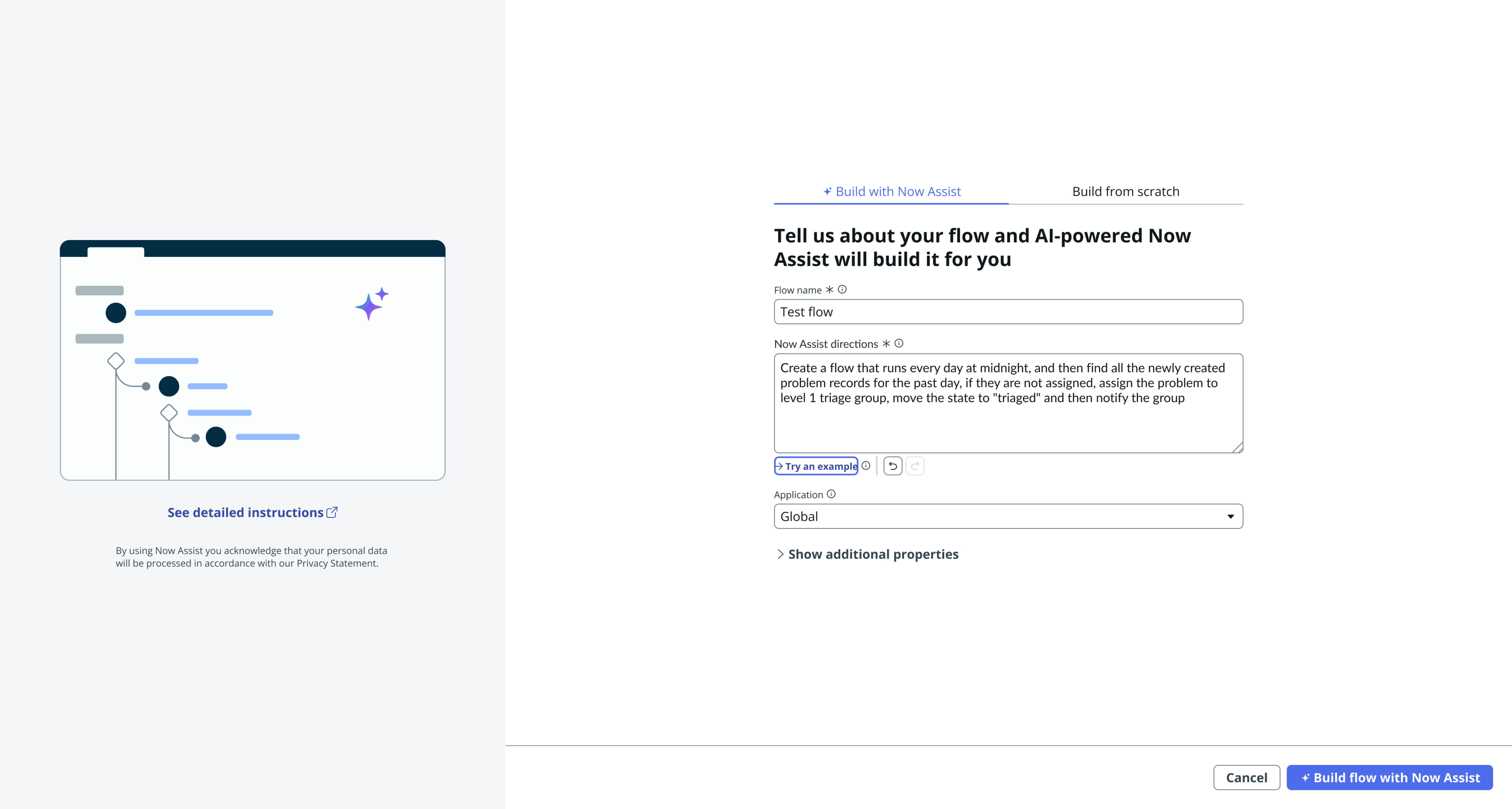 Exemple de fenêtre Créer avec Now Assist avec un flux nommé Flux de test et des instructions pour créer un flux qui s’exécute tous les jours à minuit.