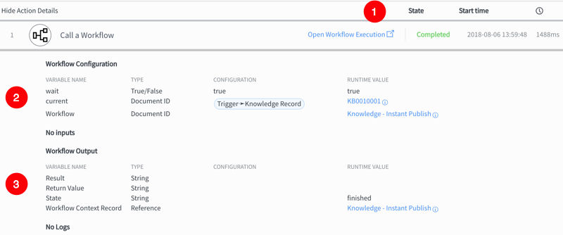 Exemple : page des détails d’exécution de flux d’un flux comprenant une logique de flux d’appel de workflow .