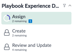 Vue verticale d’une démo d’expérience playbook de playbook nommée avec des étapes nommées Affecter, Créer, Examiner et Mettre à jour.