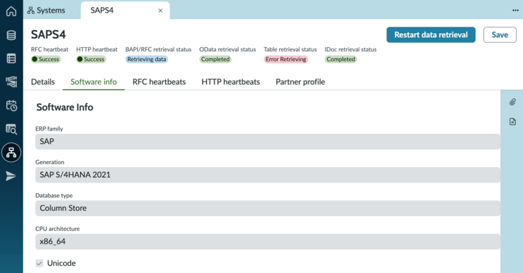 Zero Copy Connector for ERP system record with software info tab displayed.