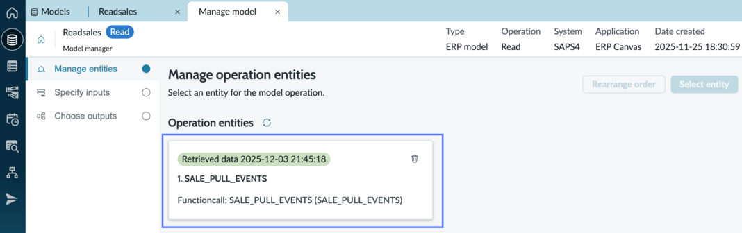 Manage model tab with entity card showing retrieval date and time.