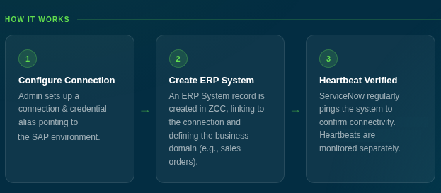 接続の設定、ERP システムの作成、およびハートビートの確認の手順を示すインフォグラフィック。