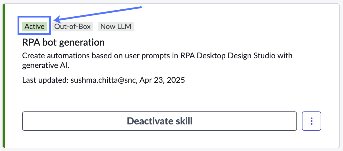 スキルがアクティブとして表示される RPA ボット生成カード。