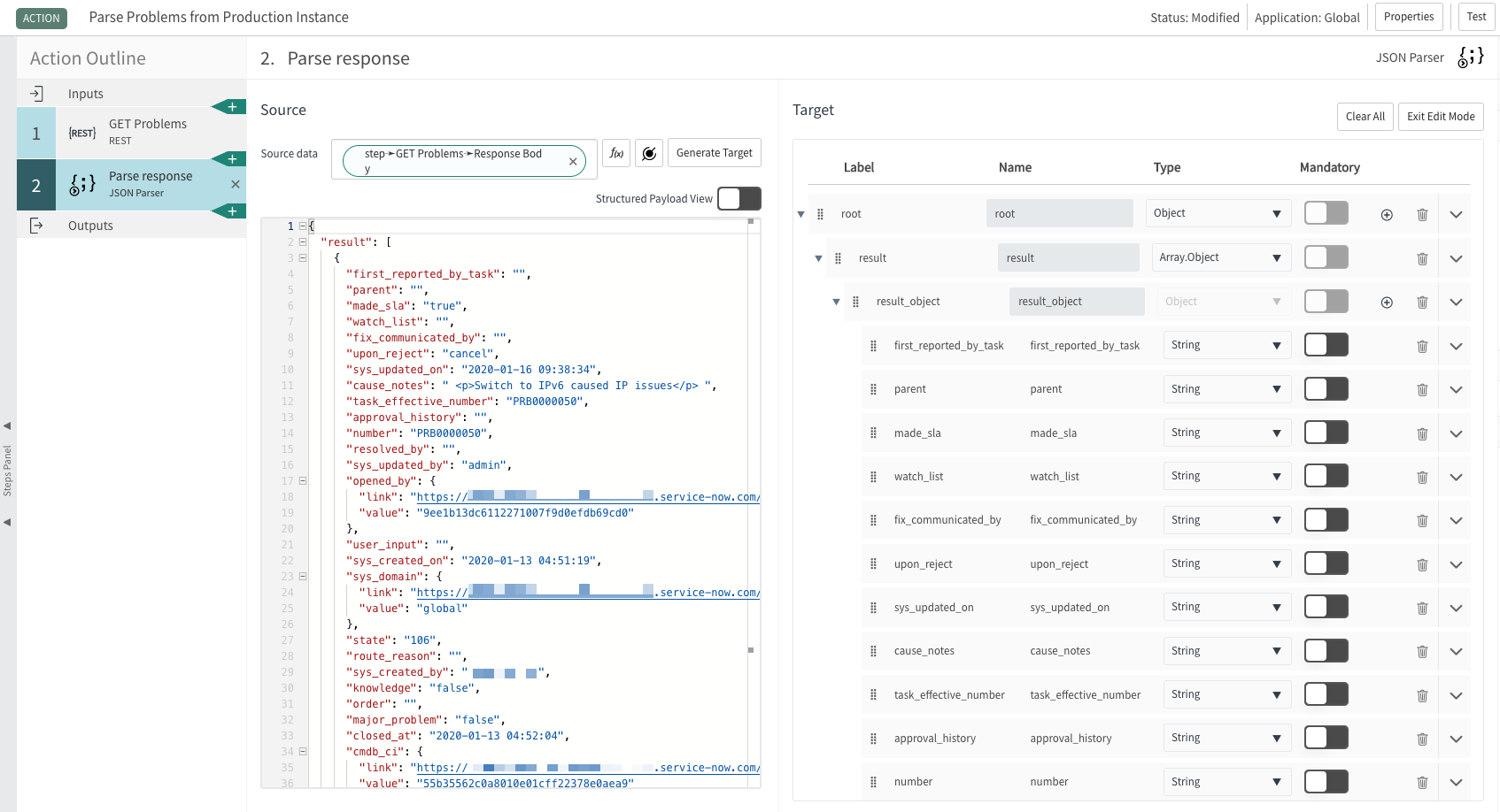 The JSON parser step structures a complex object output that represents Problem records.