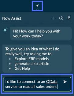 質問が入力された Now Assist パネル。