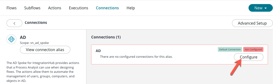 Microsoft AD エイリアス接続レコードを構成するための [構成] ボタン。