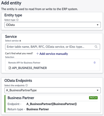 Add entity form with type, service, and endpoint specified.