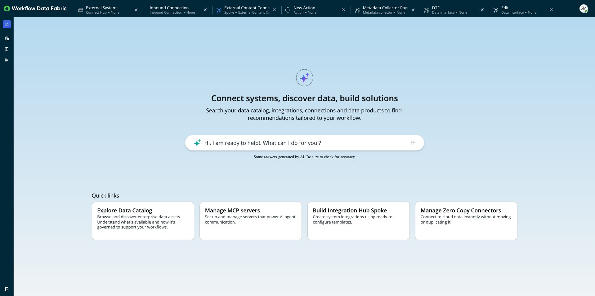 Screenshot showing the Workflow Data Fabric Home landing page with the Now Assist for WDF search field.