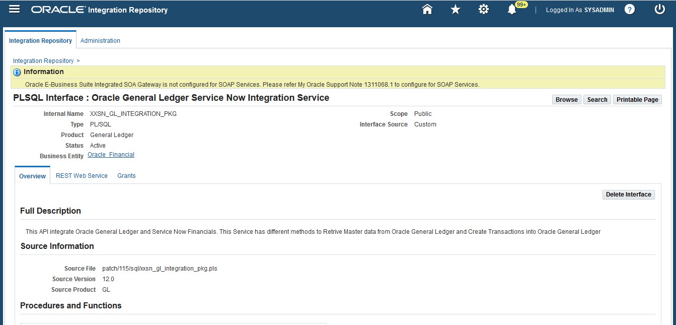 [概要]、[REST Web サービス]、および [権限許可] タブが表示されている Oracle General Ledger Service Now Integration Service の [PLSQL インターフェイス] ページ。