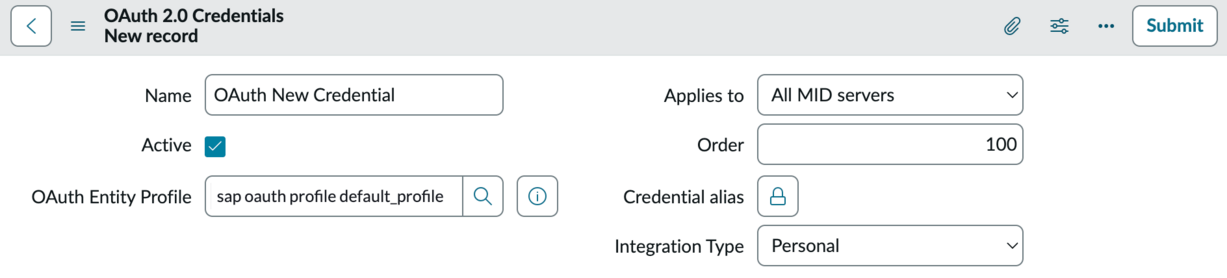情報を含むフィールドを含む Oauth 2.0 認証情報フォーム。