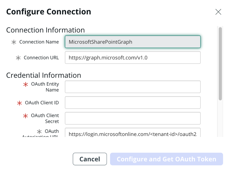 Microsoft SharePoint Graph 接続フォーム。