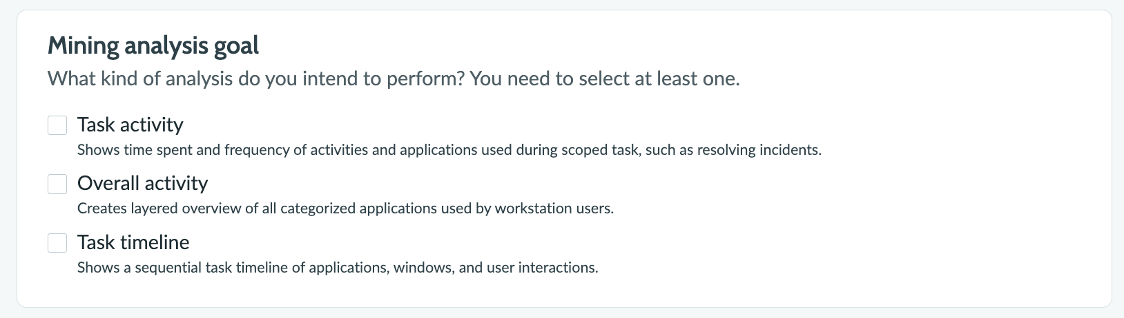 Screenshot showing Task Mining goal options.