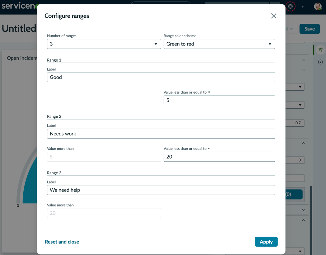 Range configuration with labels and values