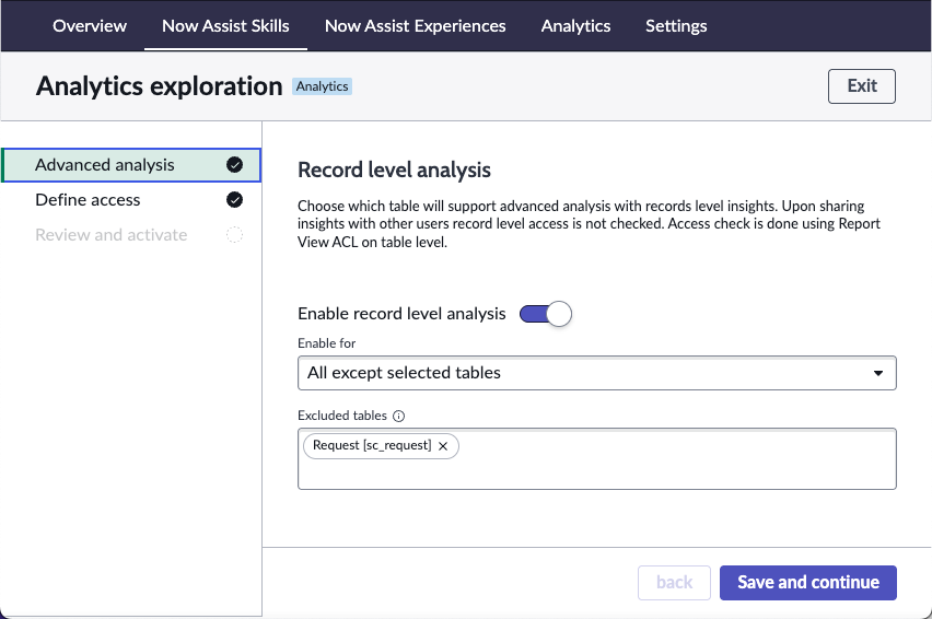 Analytics exploration skill settings with Enable record level analysis turned on.