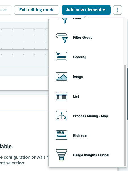 Untitled dashboard with the Add new element menu expanded to show elements you can add to the dashboard