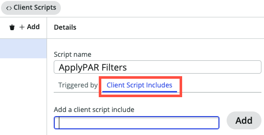 L’onglet Inclusions de script client du volet Scripts clients sur une page UIB.