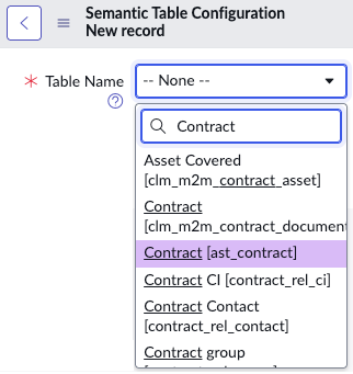 Selecting the Contract table in a new Semantic Table Configuration record.
