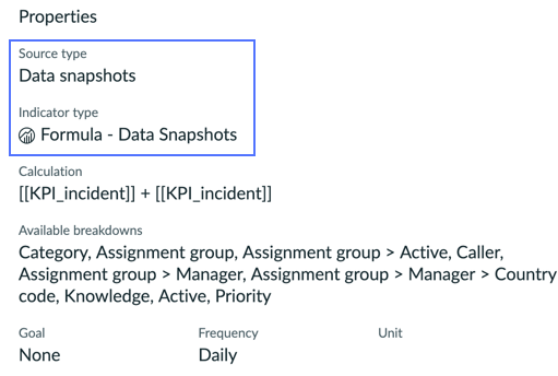 Data source properties for a native Data snapshots indicator