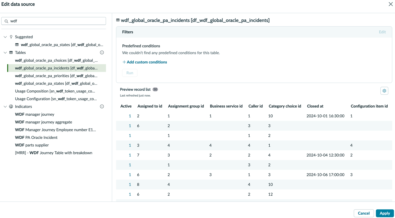 An Add data source form for a table data source starting with WDF with no conditions applied and a preview record list.