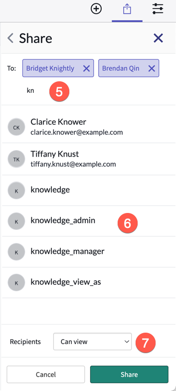Sharing window with two recipients selected, the knowledge admin role selected, and the Recipients Can view menu item selected.