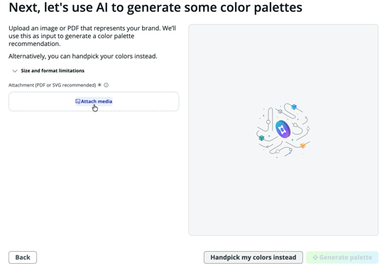 Theme Creation wizard showing the option to upload an image or PDF file or handpick colors to generate a color palette.