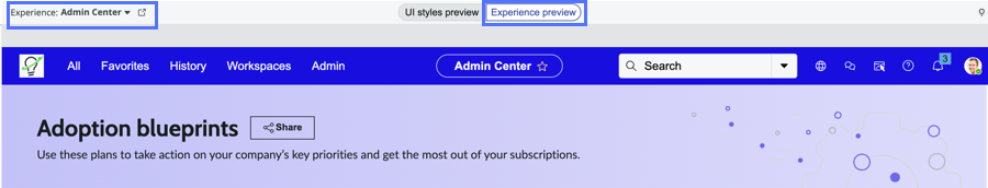 Global styles experience preview screen with Admin Center experience selected.