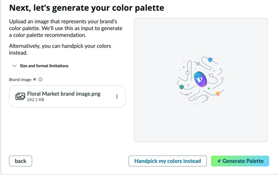 Theme Creation wizard showing a brand image uploaded to generate a color palette using AI.