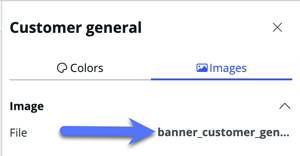 Customer general banner illustration properties panel with Images tab selected and file name listed.