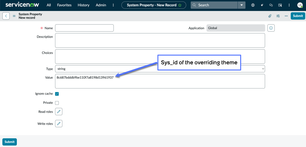 System property form used to override the next experience theme.