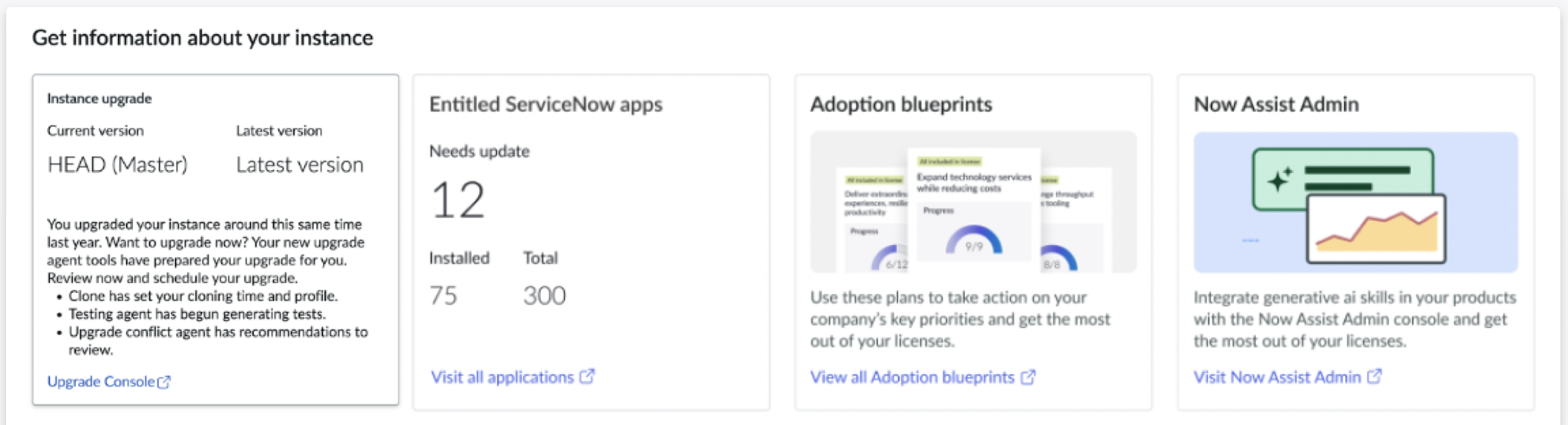 The Get information about your instance section of the Admin Home page