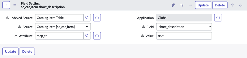 AI Search Field Setting form showing source Catalog Item [sc_cat_item], attributemap_to, fieldshort_description, and valuetext.