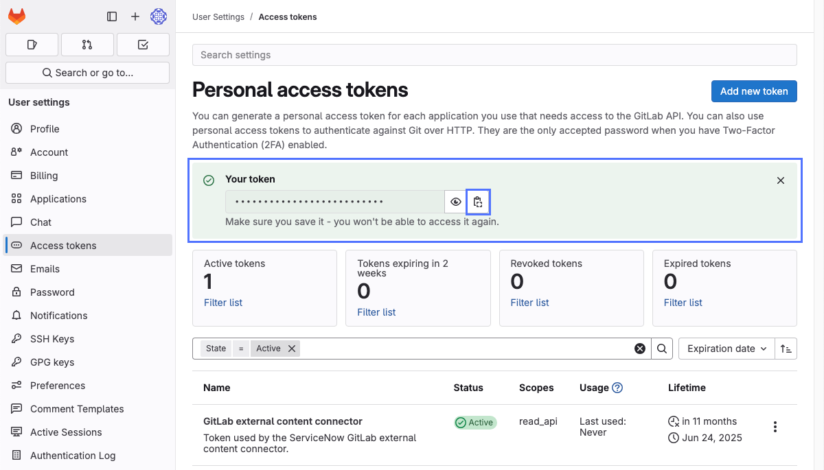 Access tokens page on GitLab.com showing new personal access token.