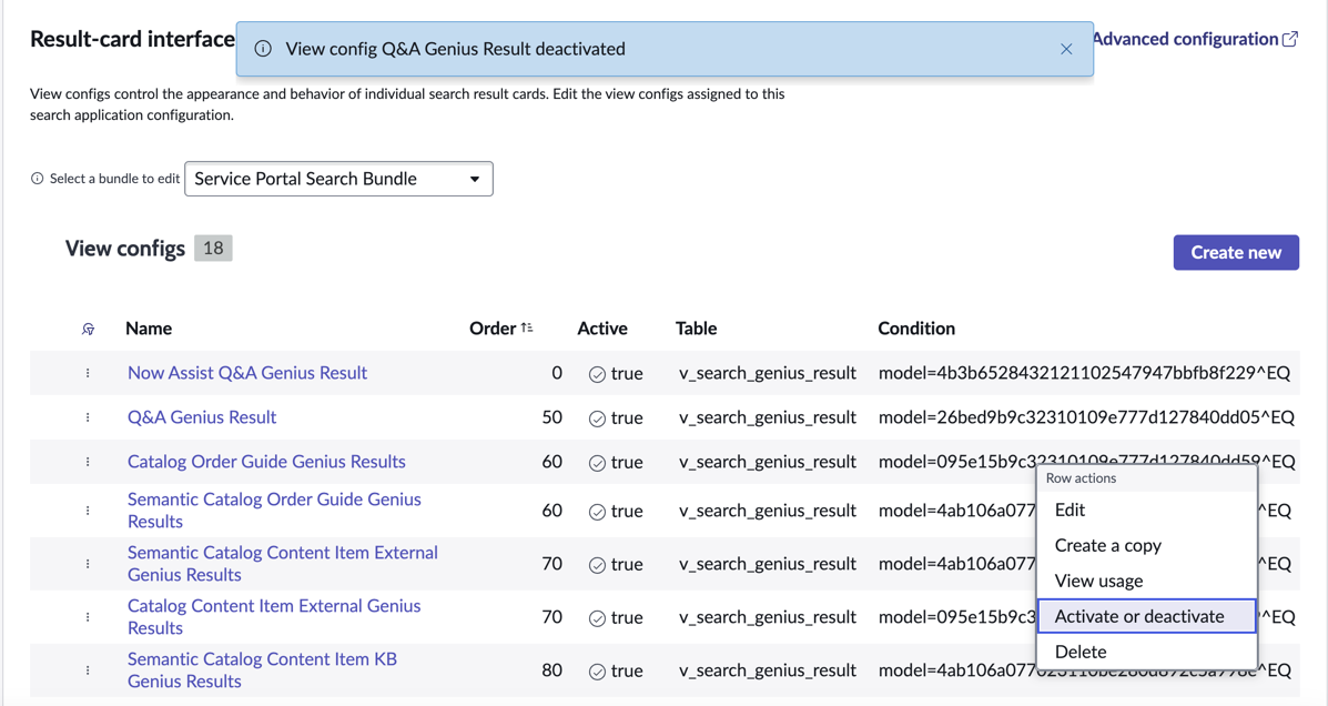 Result-card interface of the search application in the AI Search Admin console where you can activate or deactivate a view configuration.