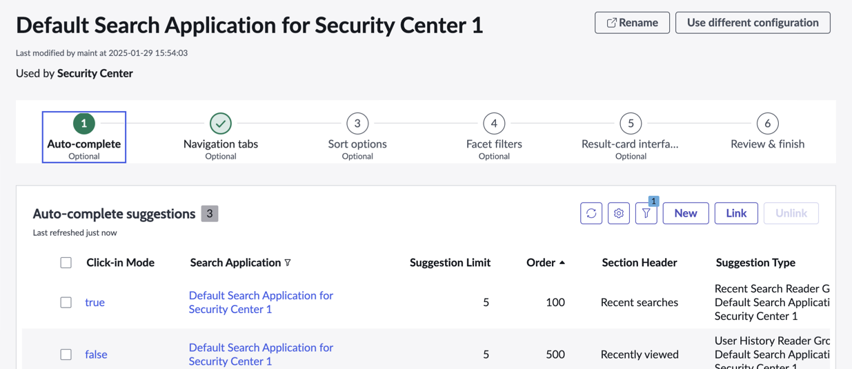 AI Search Admin console search application configuration view.