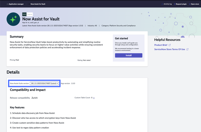 Application details page for a Now Assist application, highlighting the Now Assist suite version selector.