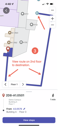 Vue de l’itinéraire au deuxième étage jusqu’à la destination sur une carte mobile d’orientation intérieure