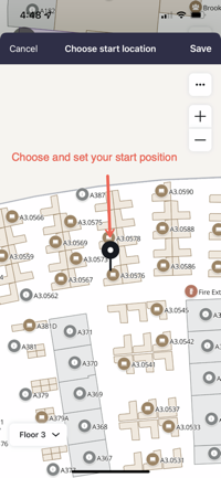 Affiche la sélection et la définition de la position de départ sur une carte mobile d’orientation intérieure