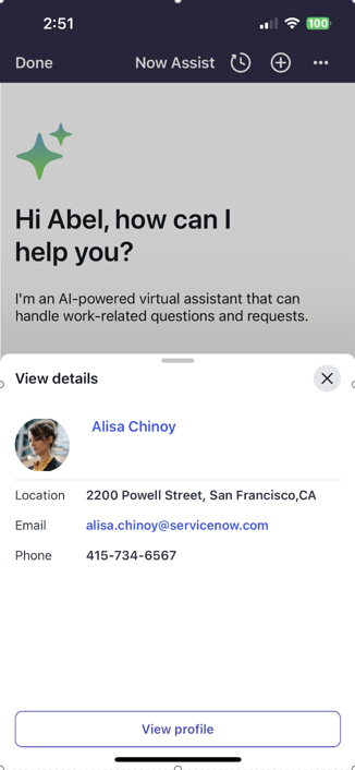 Utilisateur demandant à Now Assist des informations sur une employée nommée Alisa