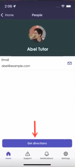 Écran d’application mobile affichant le bouton « Obtenir un itinéraire »