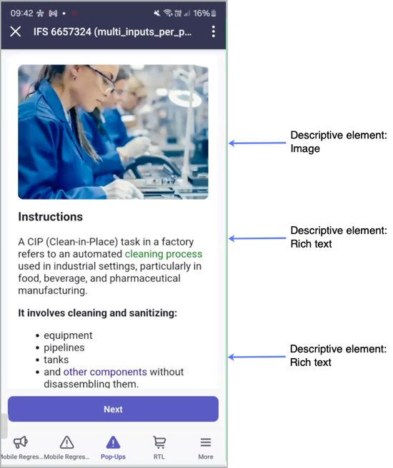 Éléments descriptifs d’une image et texte enrichi dans un écran de formulaire d’entrée.