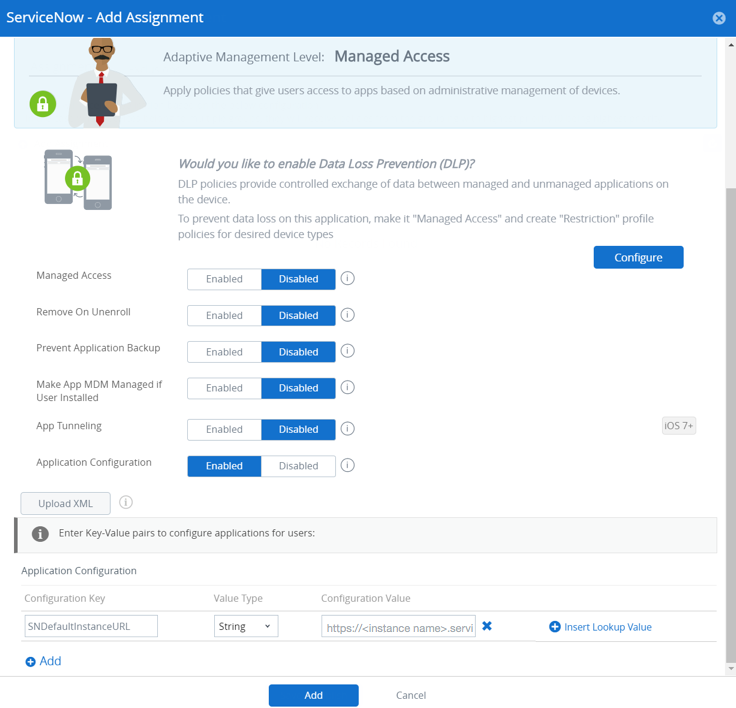 Page de configuration de l’application pour Workspace ONE UEM