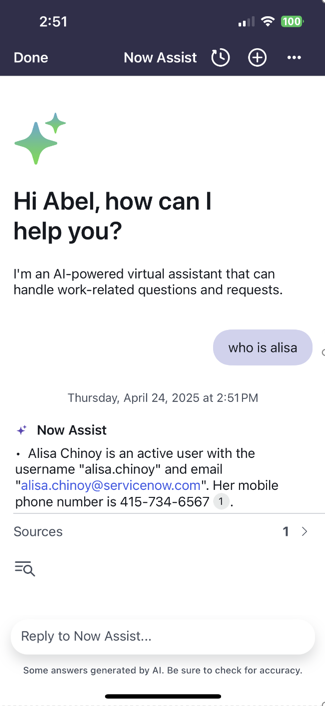 Utilisateur demandant à Now Assist des informations sur une employée nommée Alisa