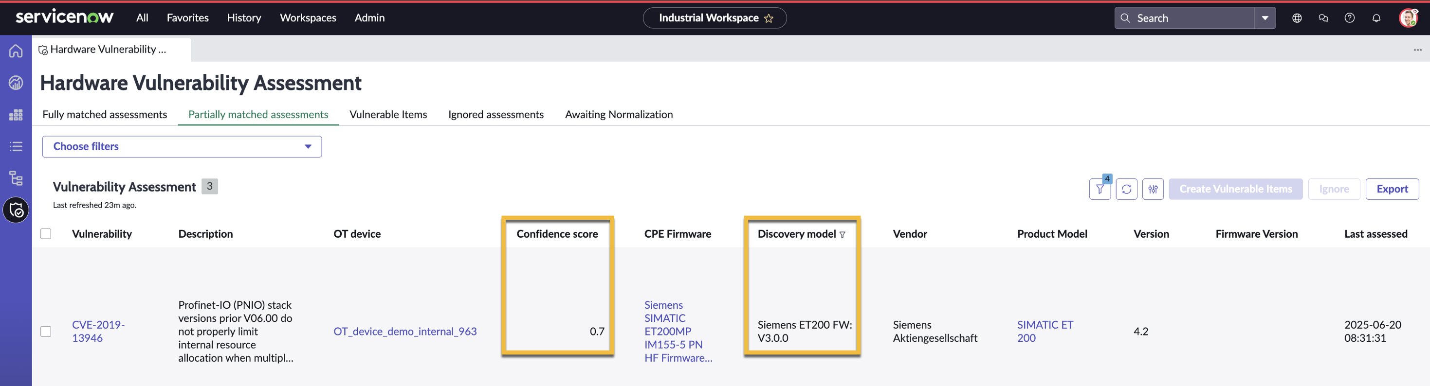 OT_device_demo_internal_963 という名前の OT デバイスの CVE 脆弱性を示すスクリーンショット。