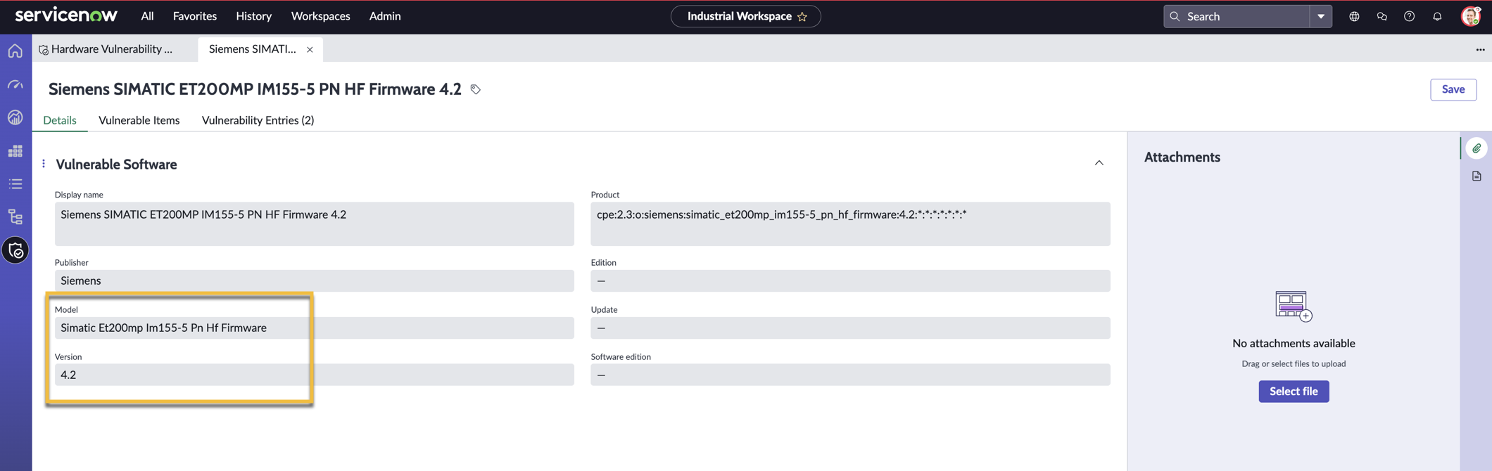 OT デバイスで利用可能な CPE ファームウェア情報 (OT_device_demo_internal_963 という名前の) を表示するスクリーンショット。