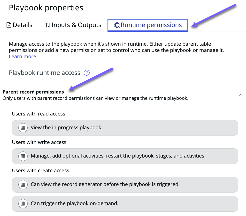 Configure runtime permissions for a playbook
