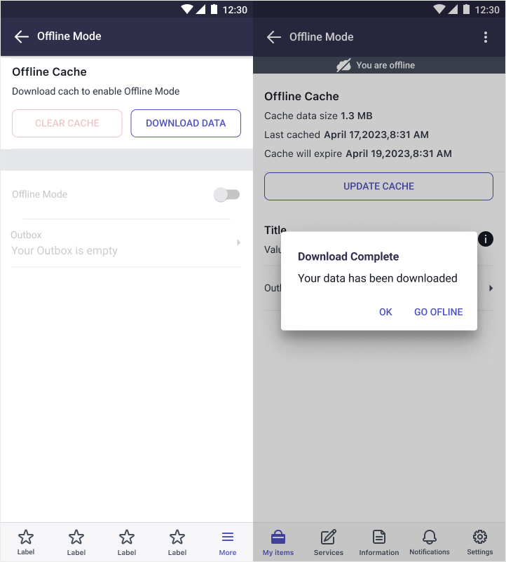 Beispielbildschirme für das Herunterladen von Daten im Offline-Modus und die Erfolgsmeldung „Download abgeschlossen“.