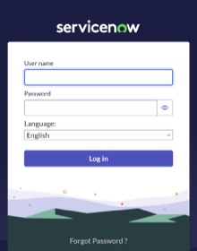Anmeldebildschirm der mobilen ServiceNow-Instanz mit Sprachauswahl.