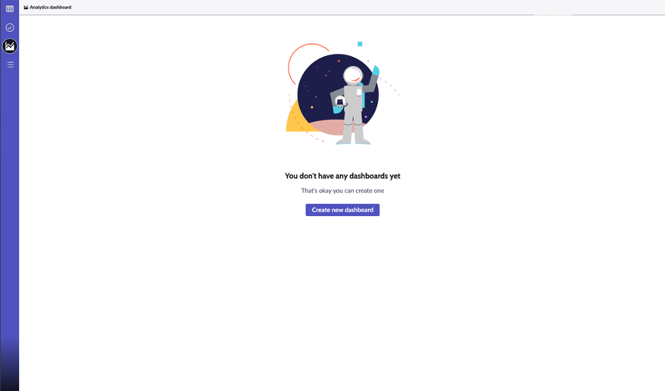A blank analytics dashboard page with Create new dashboard button, indicating that no dashboards have been created yet. For the text description, refer to the text that preceded this example.