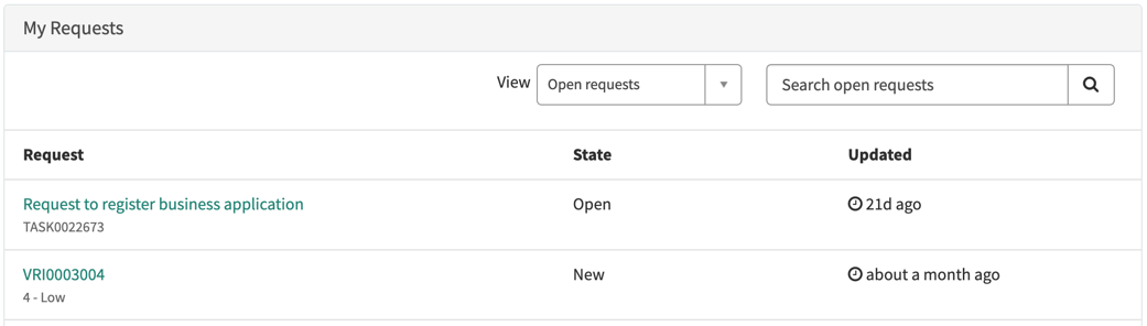 Des enregistrements de demande, un filtre d’affichage et une barre de recherche affichés par le widget Mes demandes.
