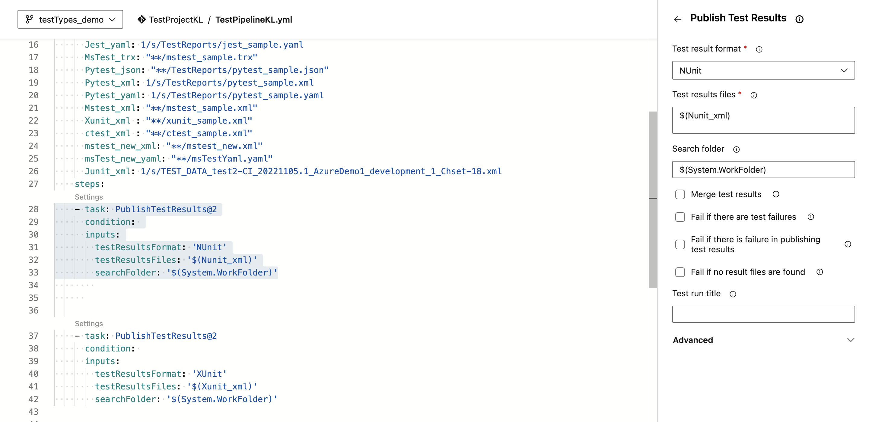 ADO 単体テストの yaml ファイルの例